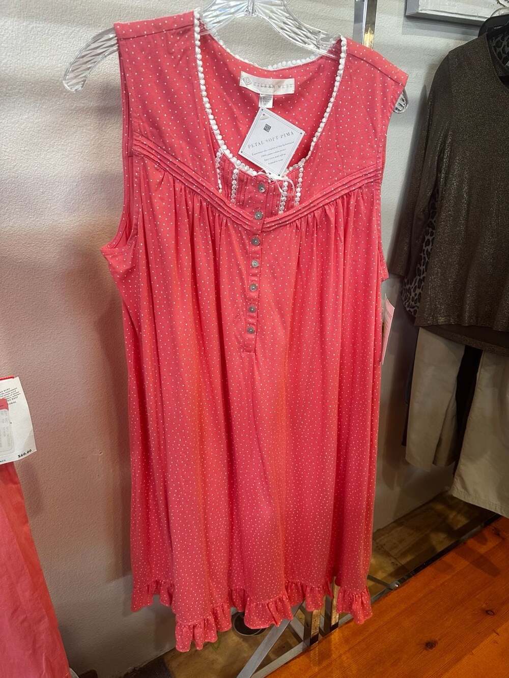 Eileen West Nightgown Size L Coral White Dot Petal Soft Pima Cotton